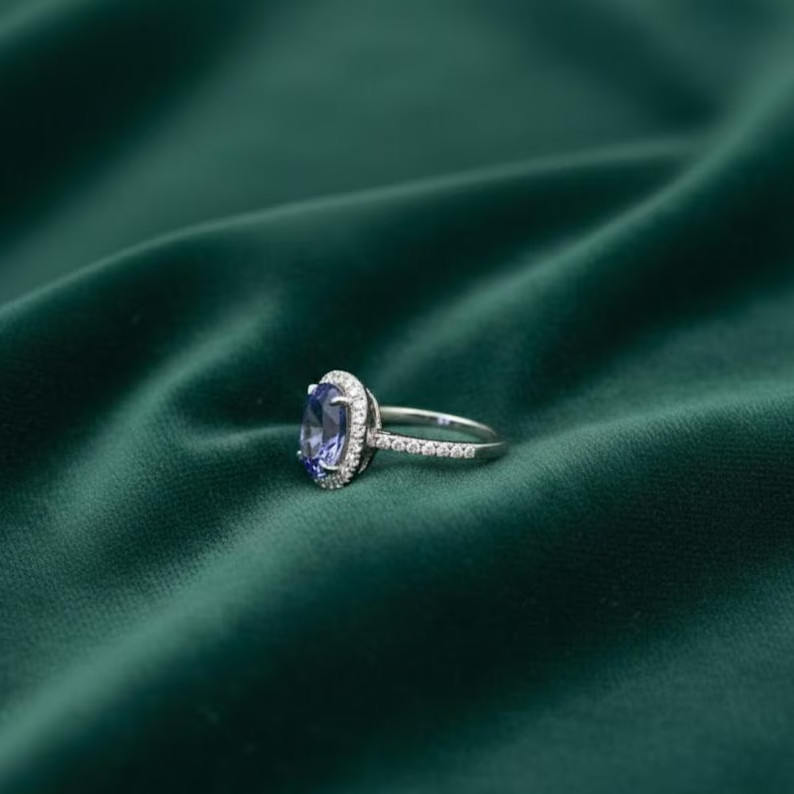2CT Oval Natural Tanzanite & Diamond Halo Engagement Gift Wedding Ring 14k Gold