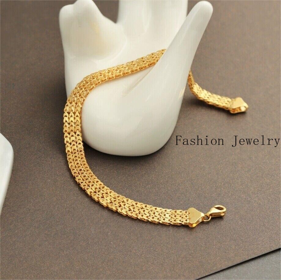 Solid 18K Yellow Gold AU750 Multiple Layer Wide Bracelet Bangle Chain 18cm/7in