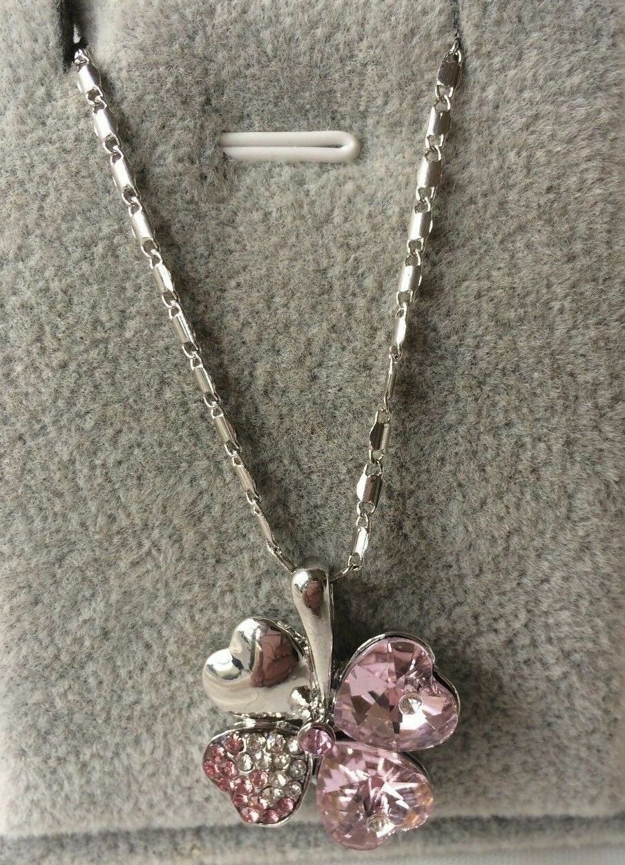 Silver Plated Pink Crystal Heart Clover Necklace