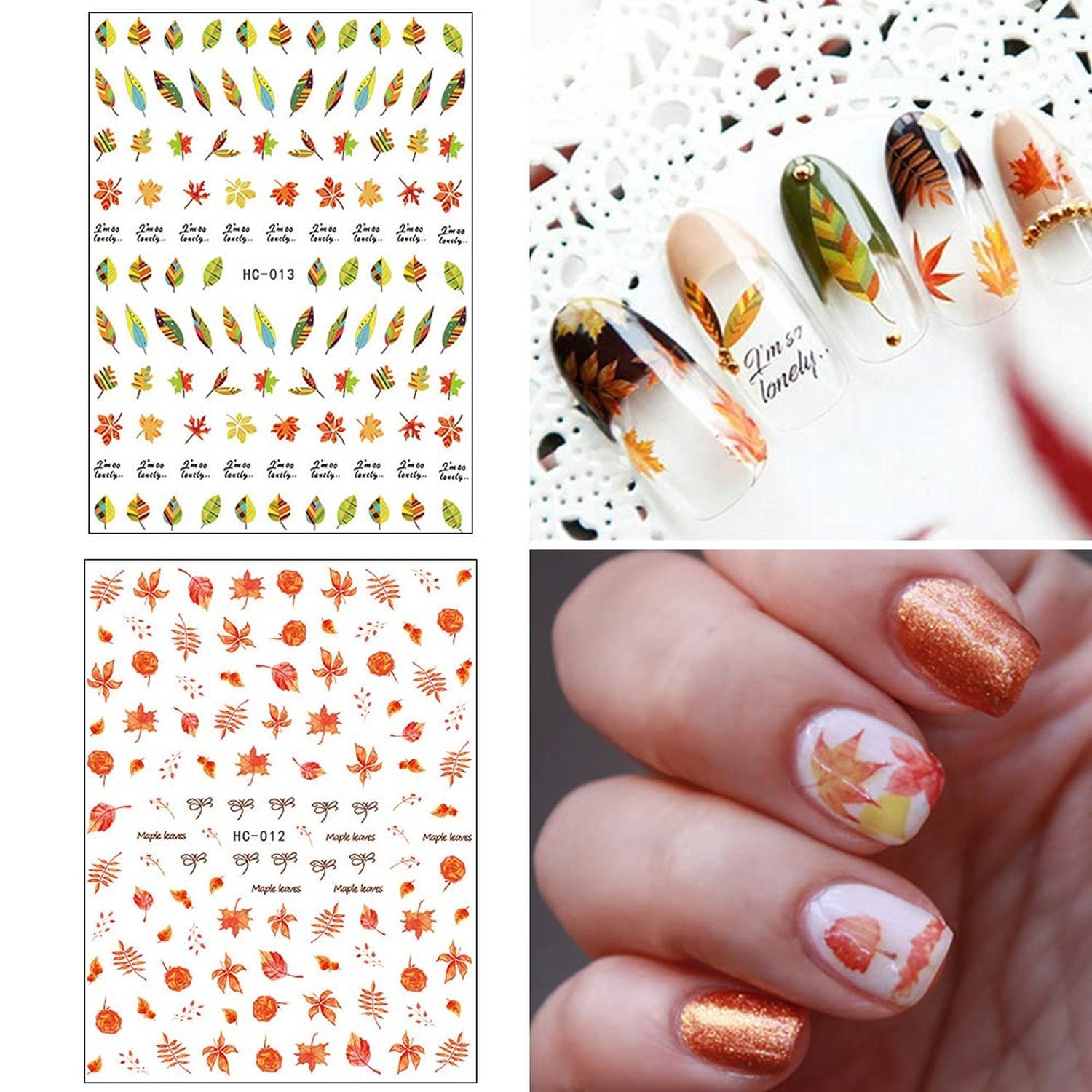 Fall Nail Stickers, 3D Self-Adhesive Autumn Nail Decals Maple Leaf Nail Art D…