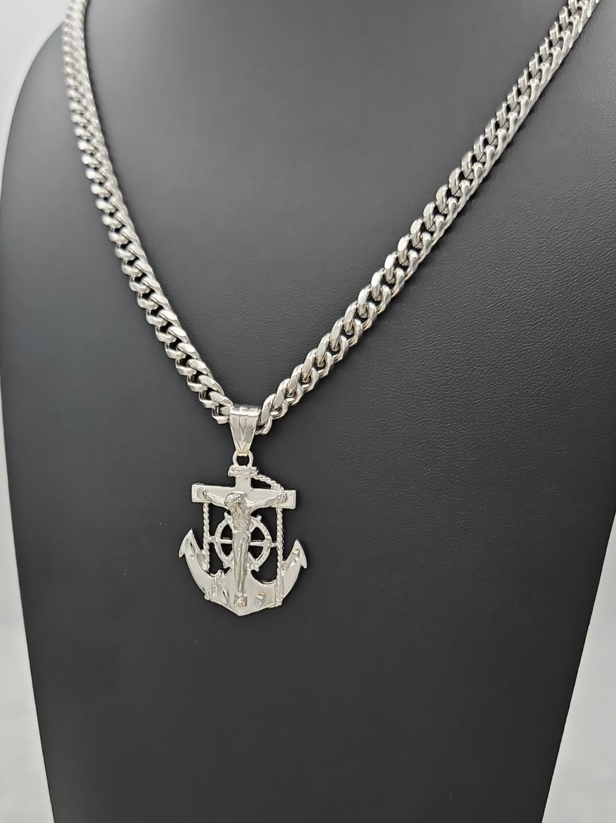 Silver Anchor Necklace 7mm Curb Chain Rhodium Plated For Men