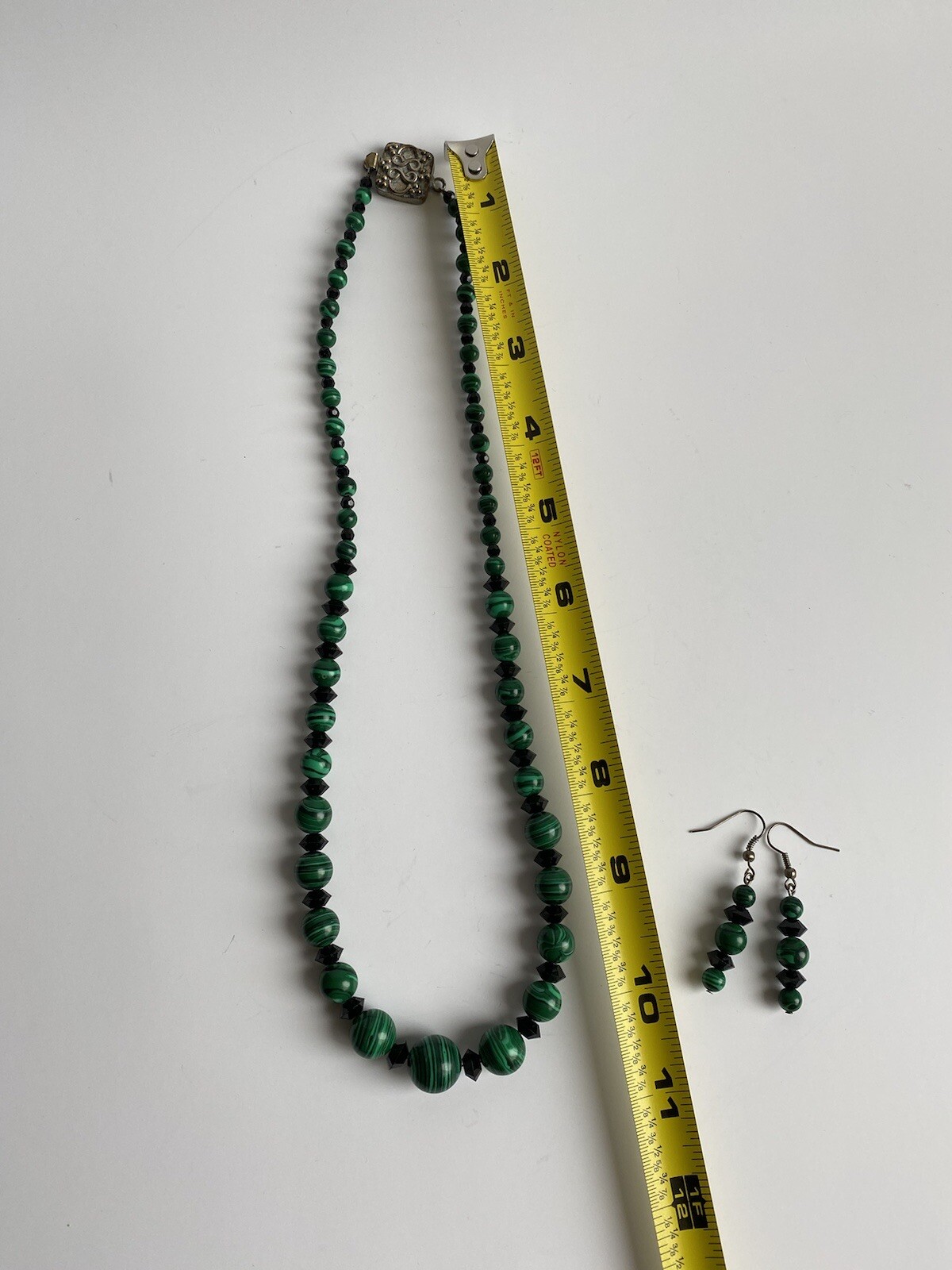Malachite Gemstone Bead Necklace w/Black Crystals 22”L + Earrings EXCELLENT