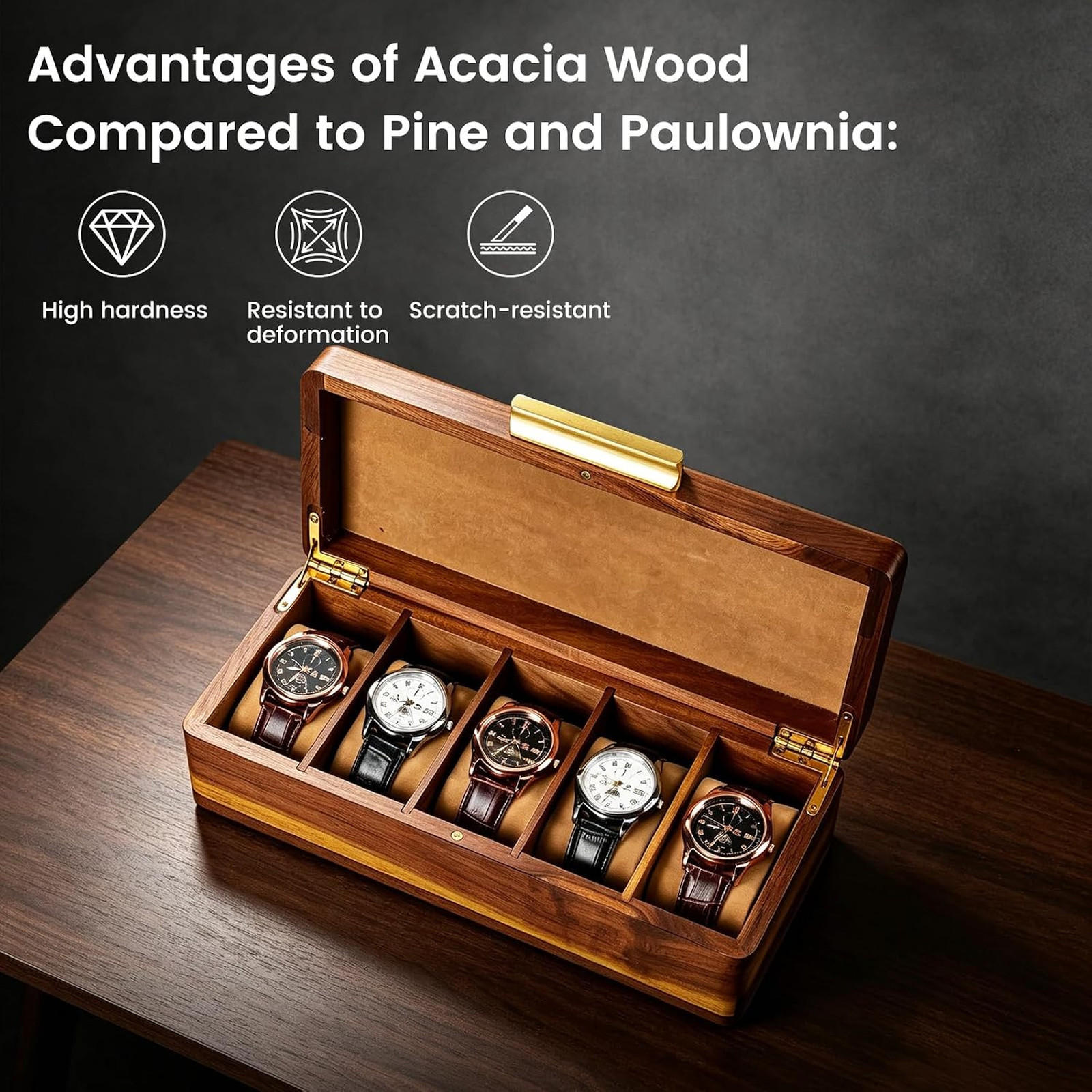 Watch Storage Case for Men Acacia Wood 5 Slot Organizer with Velvet Pillows