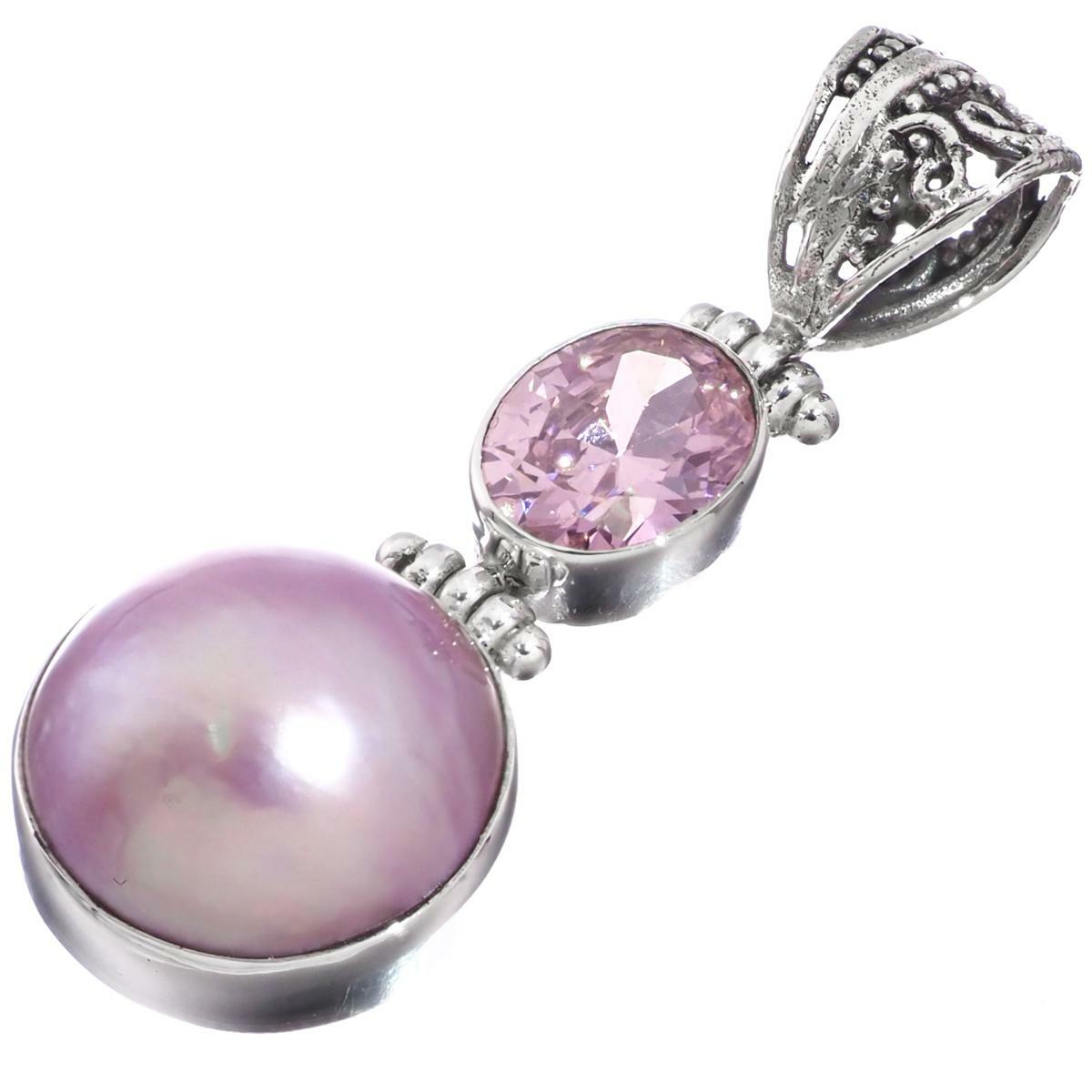 925 Sterling Silver Pink Mabe Pearl Pink Quartz Sterling Pendant, 1 3/4″