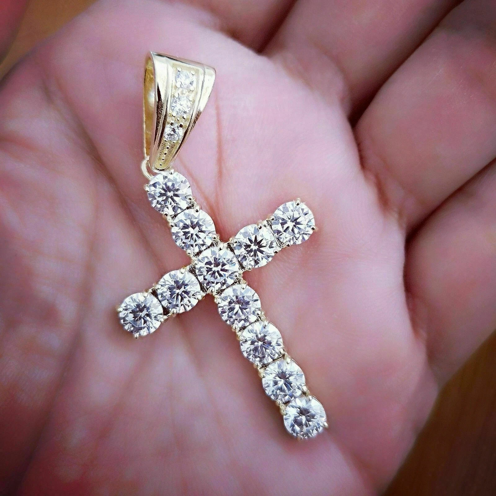 2Ct Round Cut Moissanite Solitaire Cross Pendant Free Chain Real 10k Yellow Gold