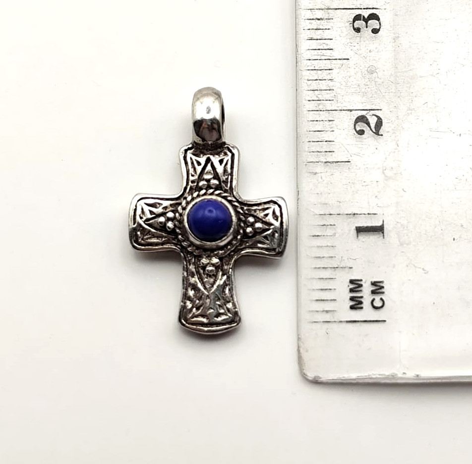 Silver Cross Pendant with Lapis Lazuli Stone for Necklace