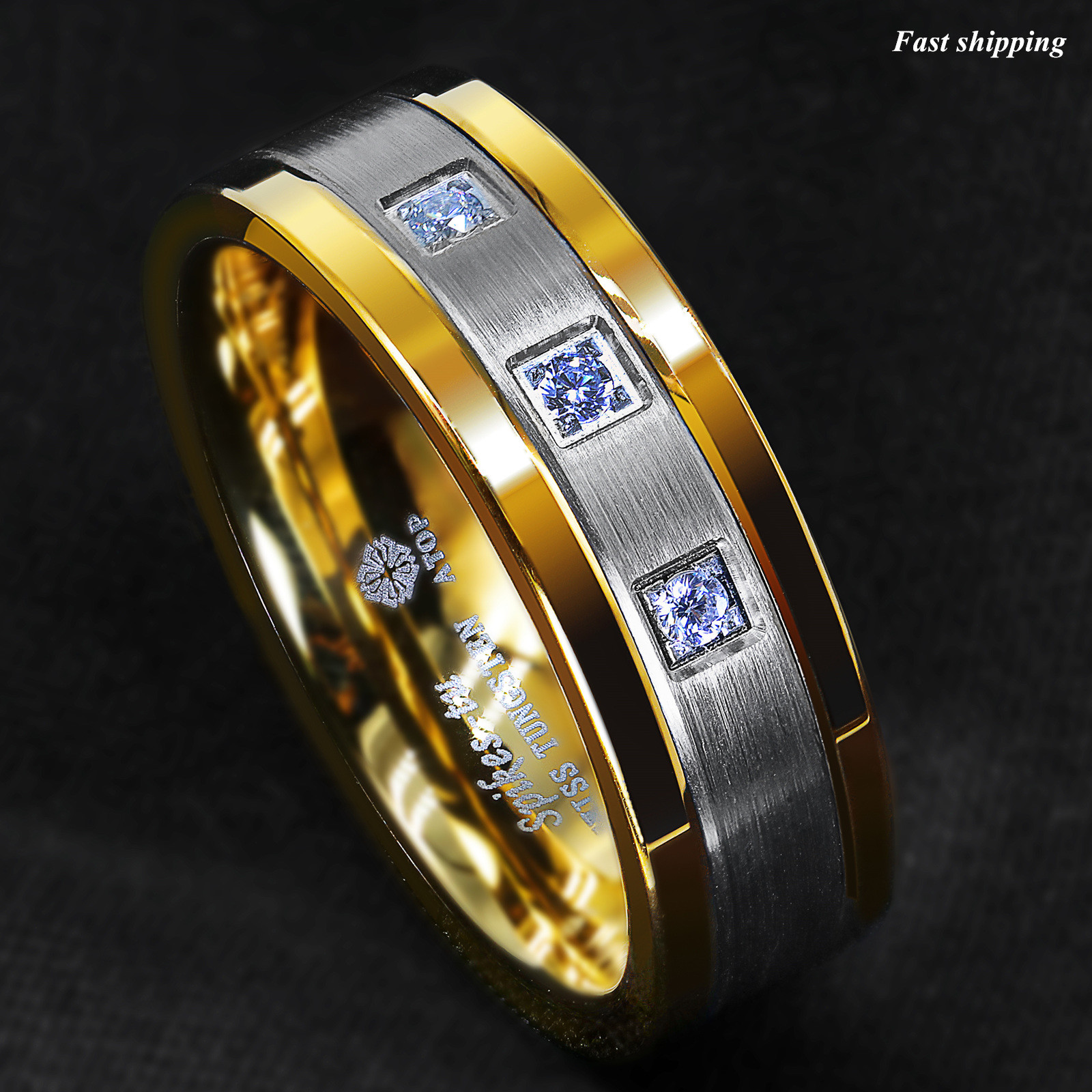 8mm Plated Metal Tungsten Ring Brushed Cubic Zirconia ATOP Men Wedding Band