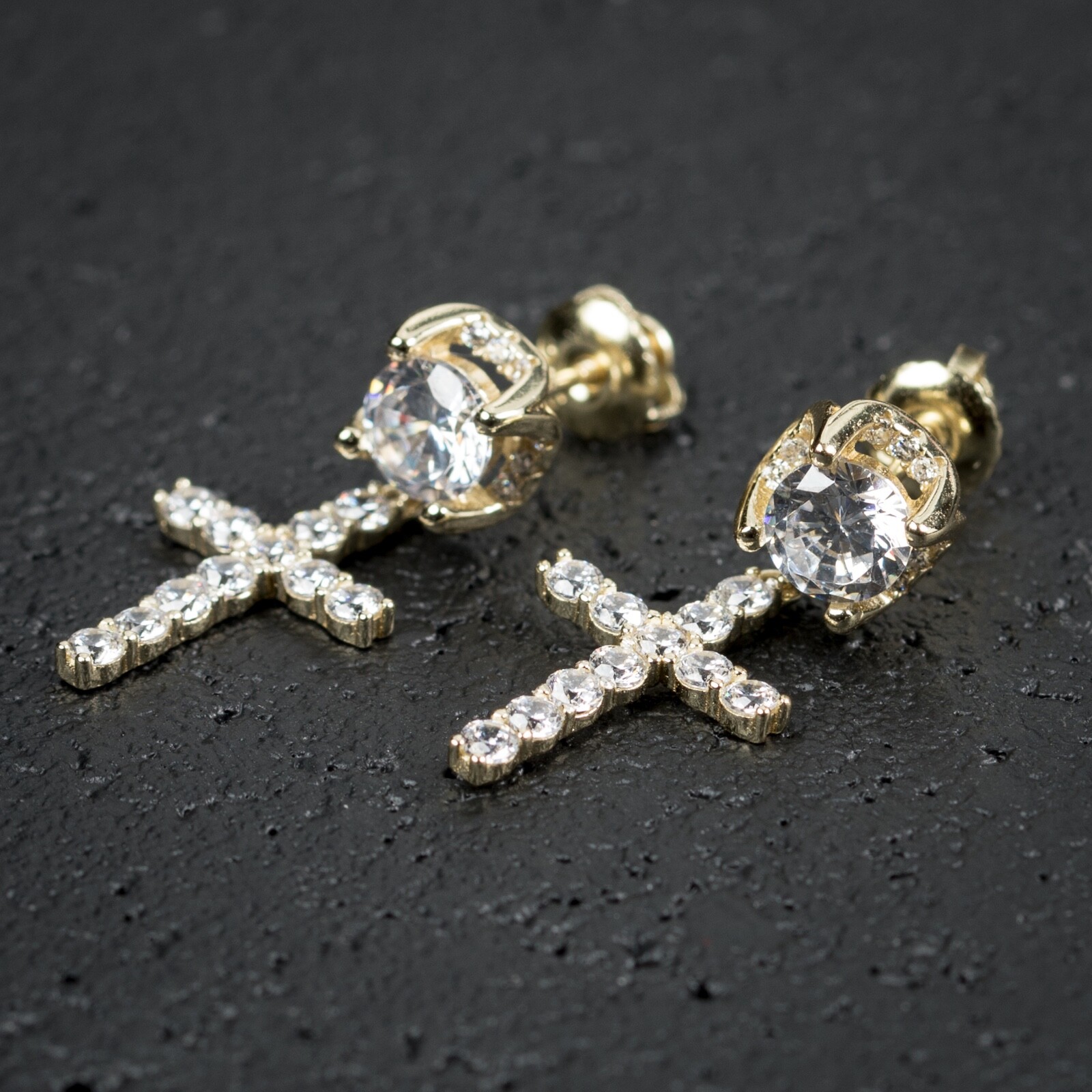 Iced Men Gold Plated Sterling Silver Round Stud Cross Dangle Drop Hoop Earrings