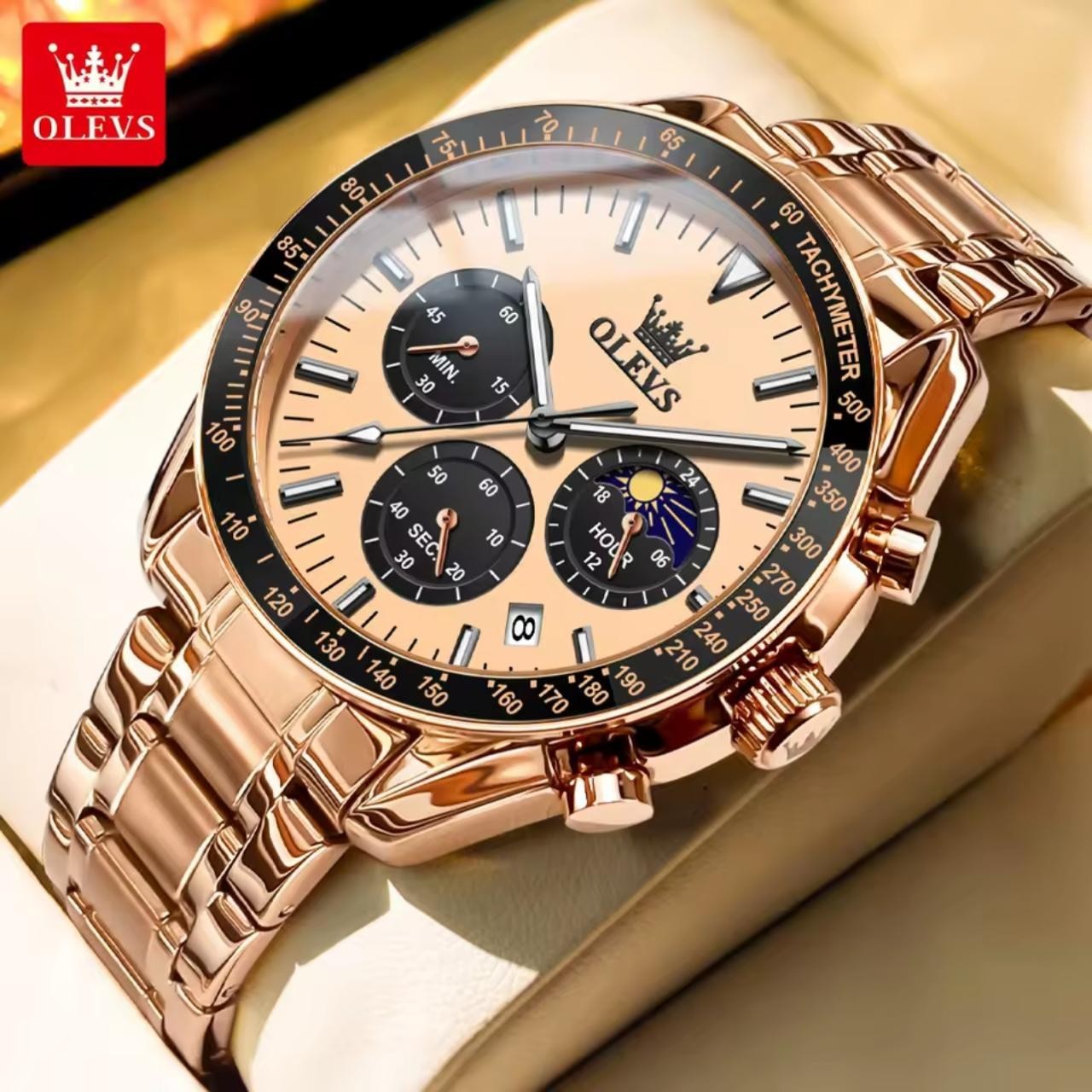 Men’s OLEVS Chronograph Watch – Moon Phase, Tachymeter Bezel, Stainless Steel