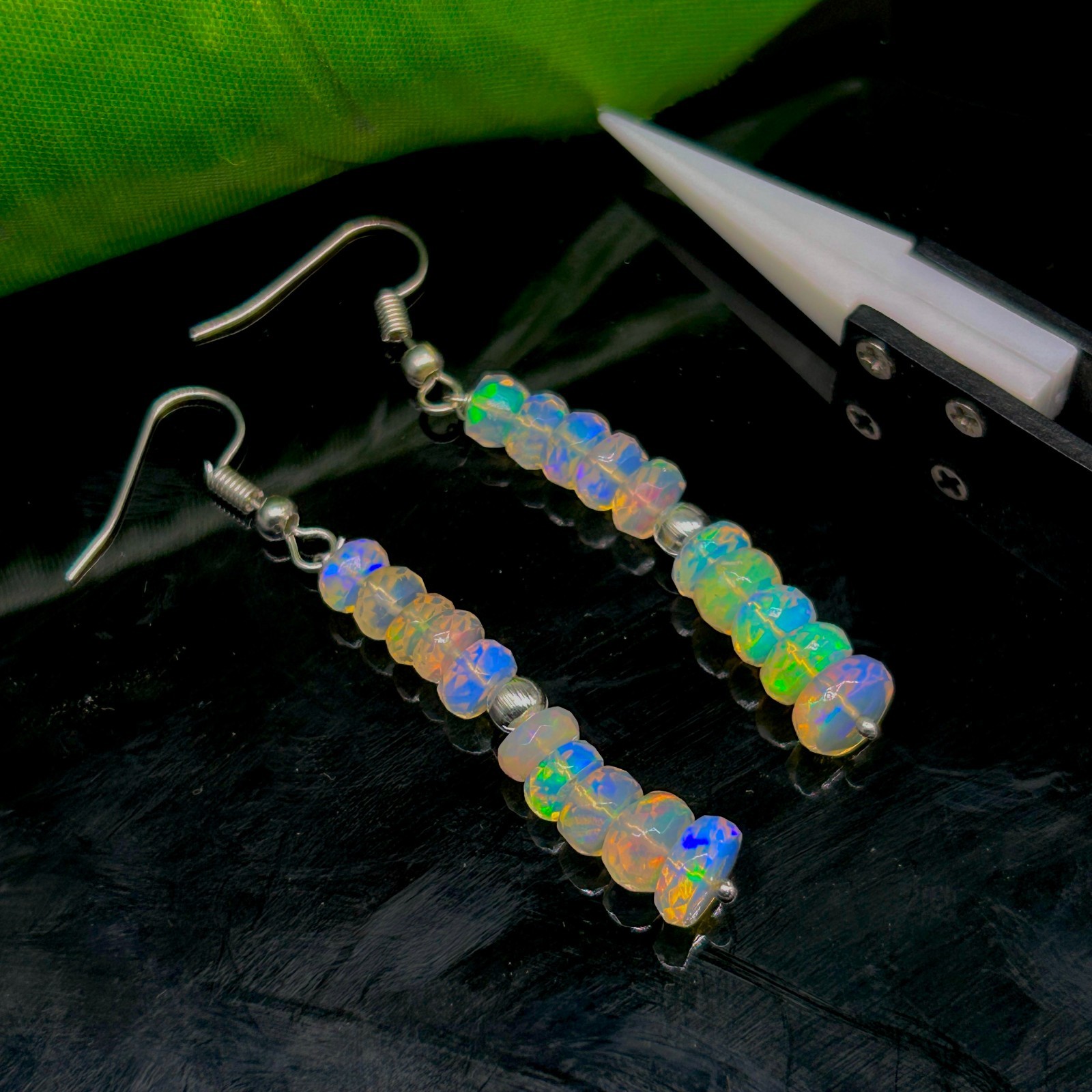 Natural Opal Faceted Bead and Dangle Earrings, Multifire Opal Gemstone Bead