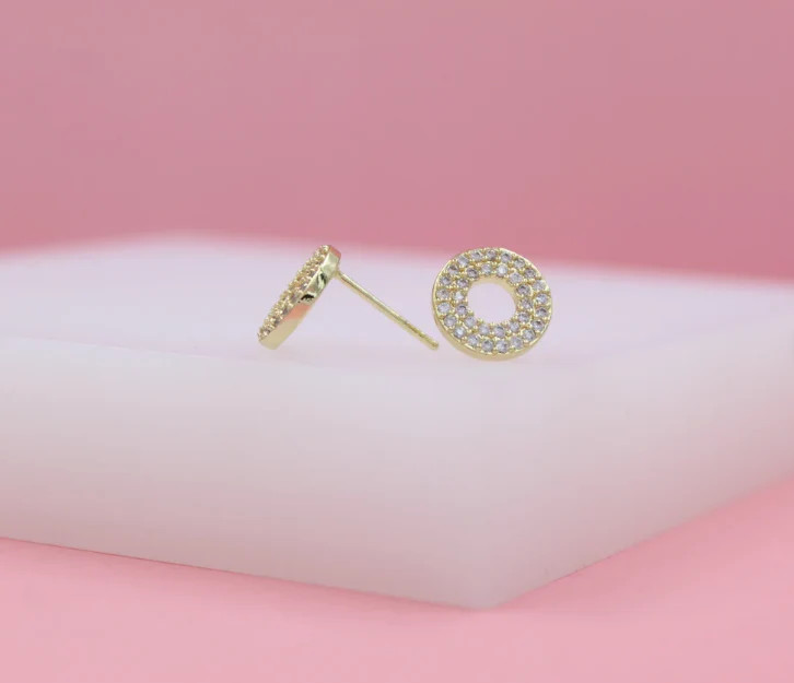 18K Gold Filled Gold Disc Circle Stud Earrings with Cubic Zirconia Stones