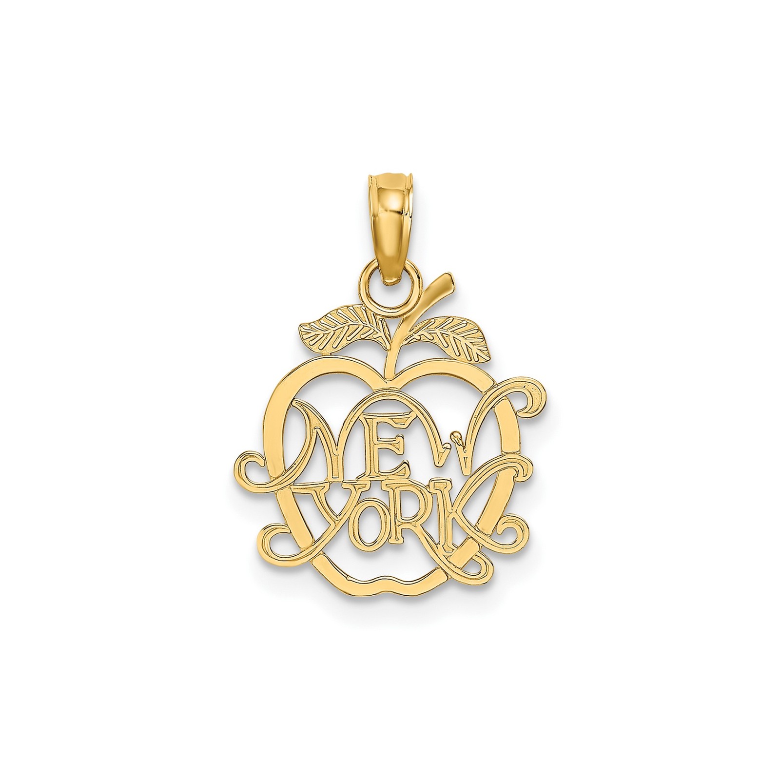 14k Yellow Gold Apple Pendant New York Script NYC Charm Travel Souvenir Unisex