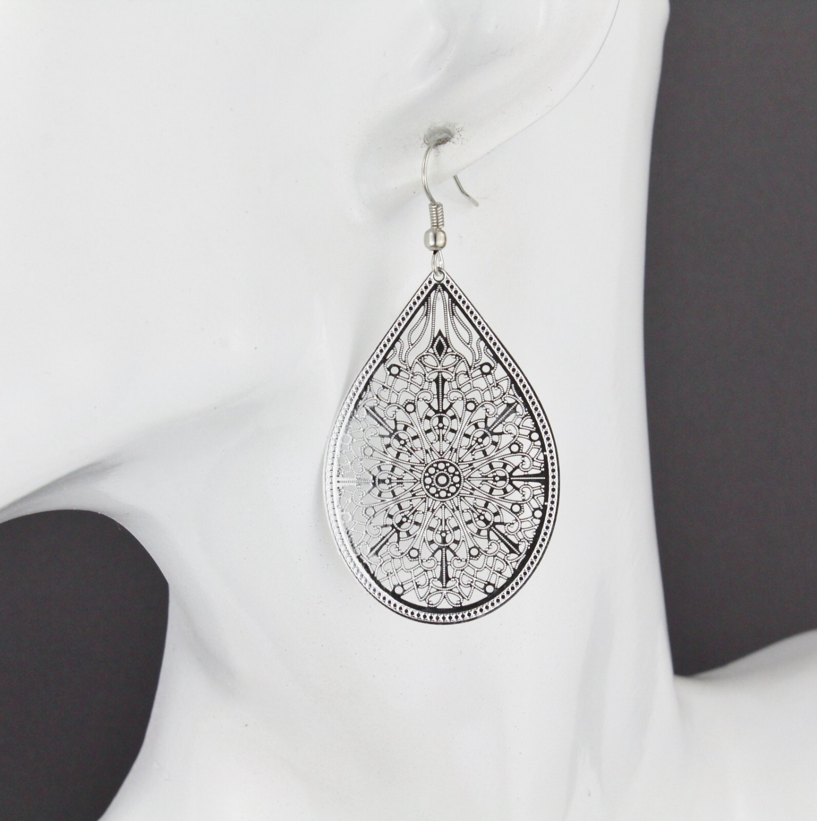 Silver earrings teardrop dangle shiny VERY lightweight filigree 2.5″ long