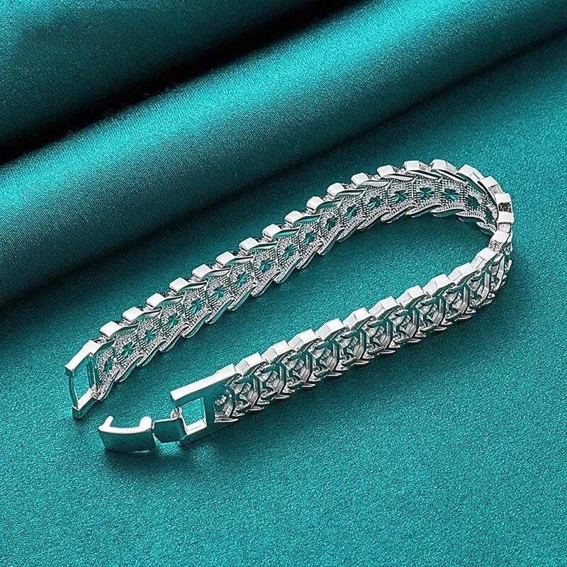 925 Sterling Silver Flower Pattern Wide Wristband Bracelet 20cm 7.9 Inch