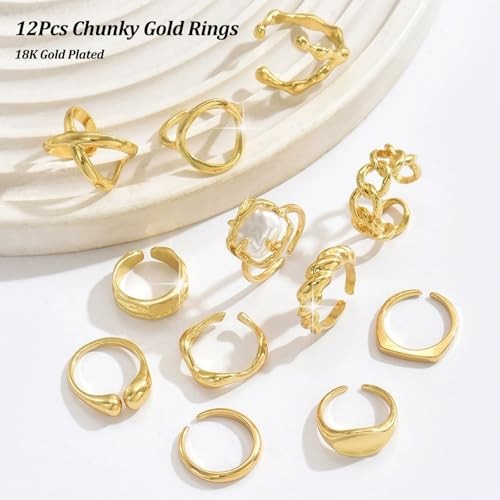 Chunky Stackable Rings Set for Women Non Tarnish Adjustable Open A-12pcs