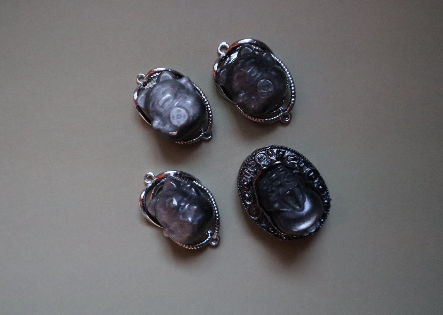 Set of 4 Black Glossy Obsidian Style Cat Pixiu Charms Pendants