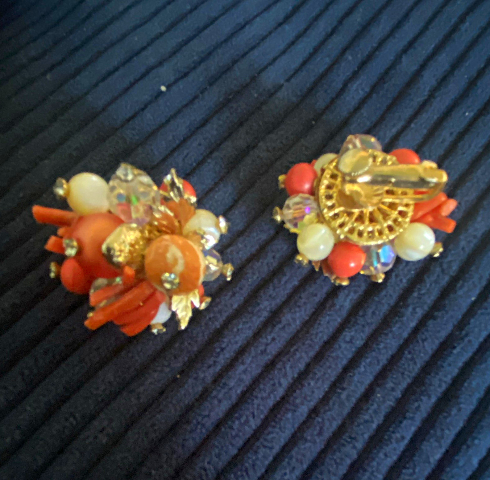 Gold Tone Clip-On Cluster Earrings Orange White Clear Round Crystal Asymmetrical