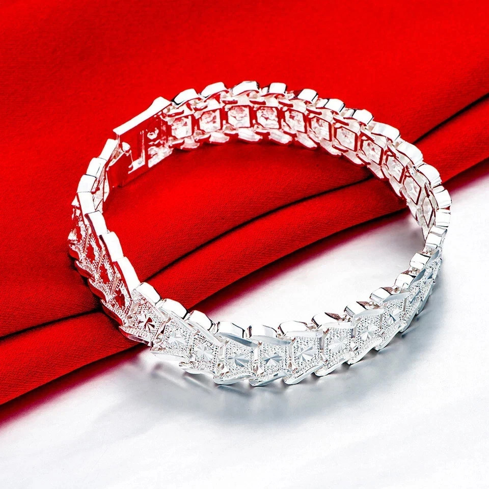 925 Sterling Silver Flower Pattern Wide Wristband Bracelet 20cm 7.9 Inch