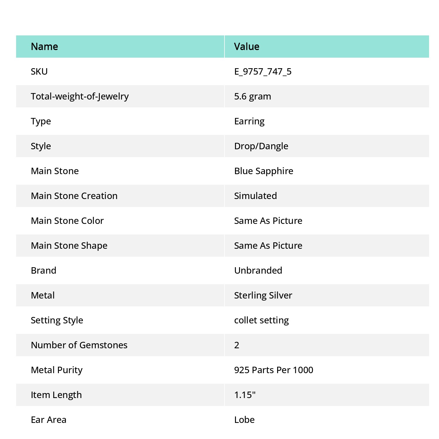 Blue Sapphire – Simulated Gemstone 925 Sterling Silver Earring 1.15″ E7475