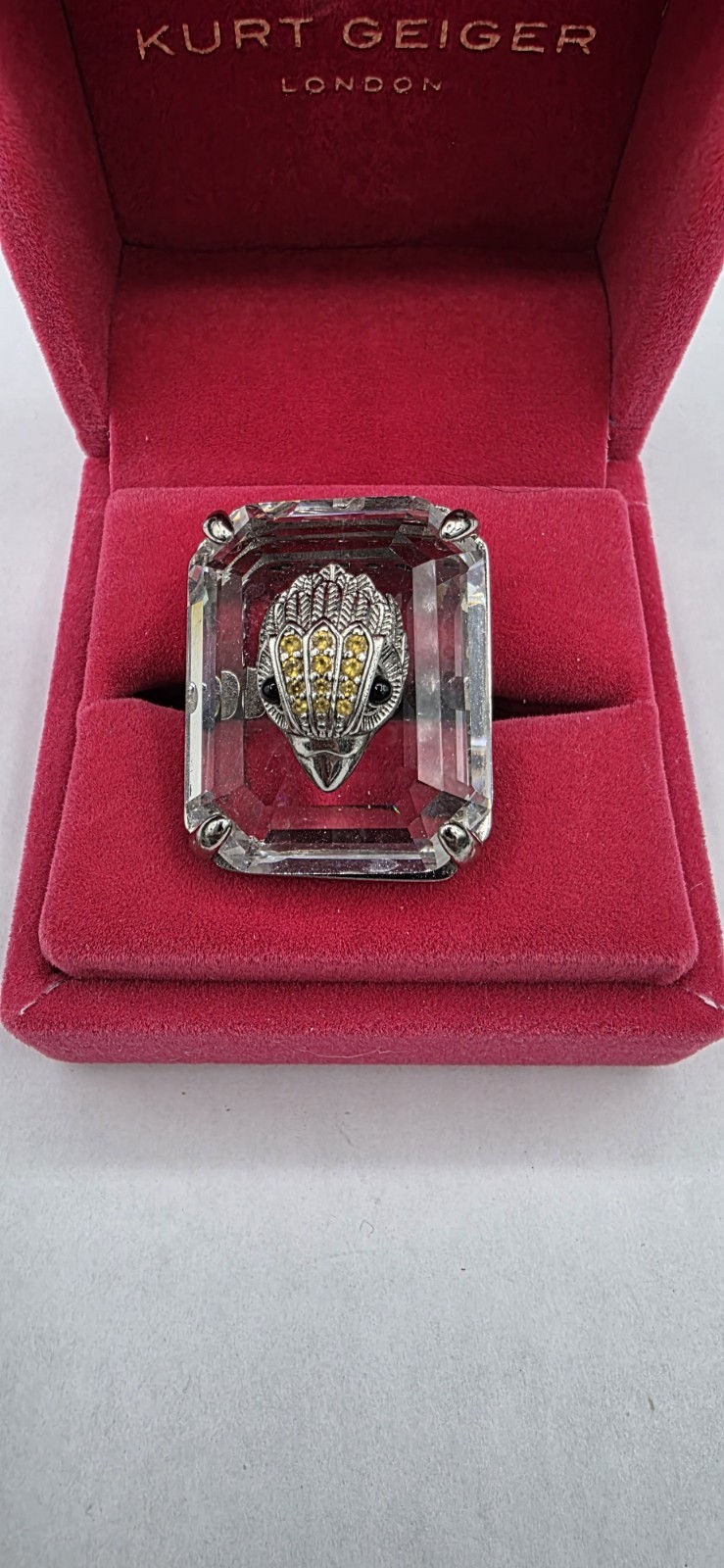 Kurt Geiger London Tone Crystal Eagle Head Statement Cocktail Ring Size 8