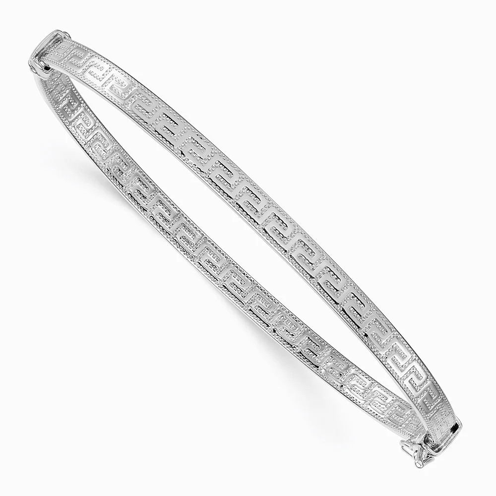 Sterling Silver RH-Plated Polished Textured Greek Key Hinged Bangle