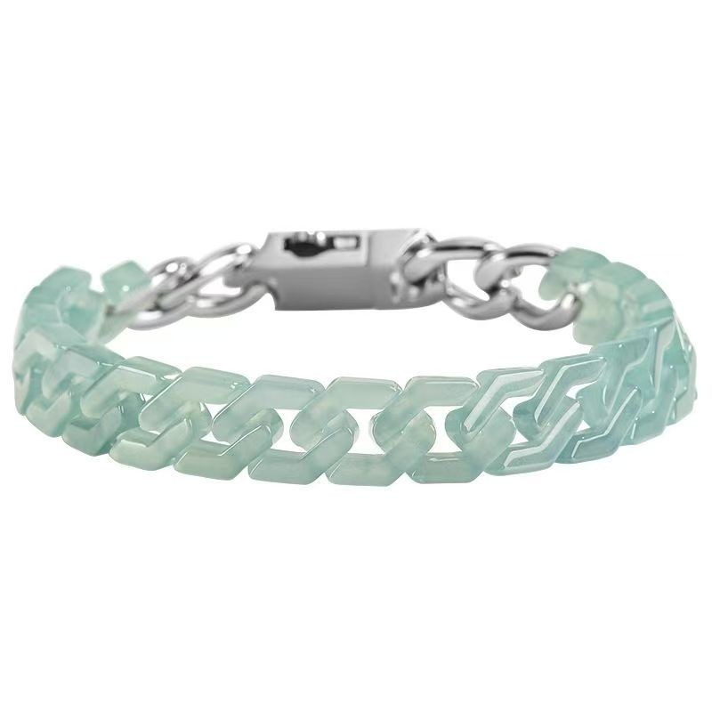 Real Grade A 100% Natural Green Jade Jadeite Cuban Curb Link Bracelet 7-7.9Inch