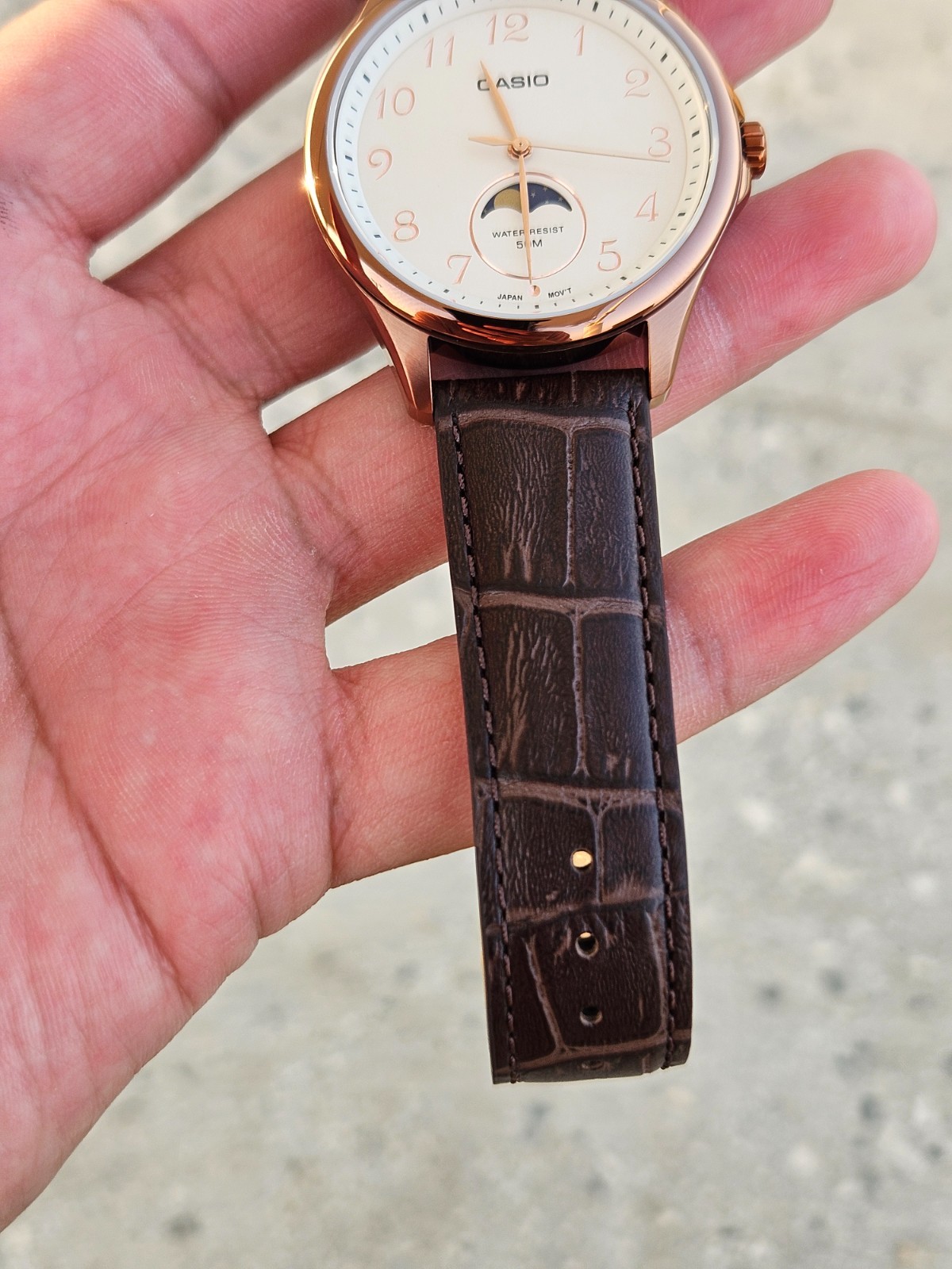 Casio MTP-M110RL-5AVDF Men’s Moon Phase Watch Rose Gold Brown Leather Strap New