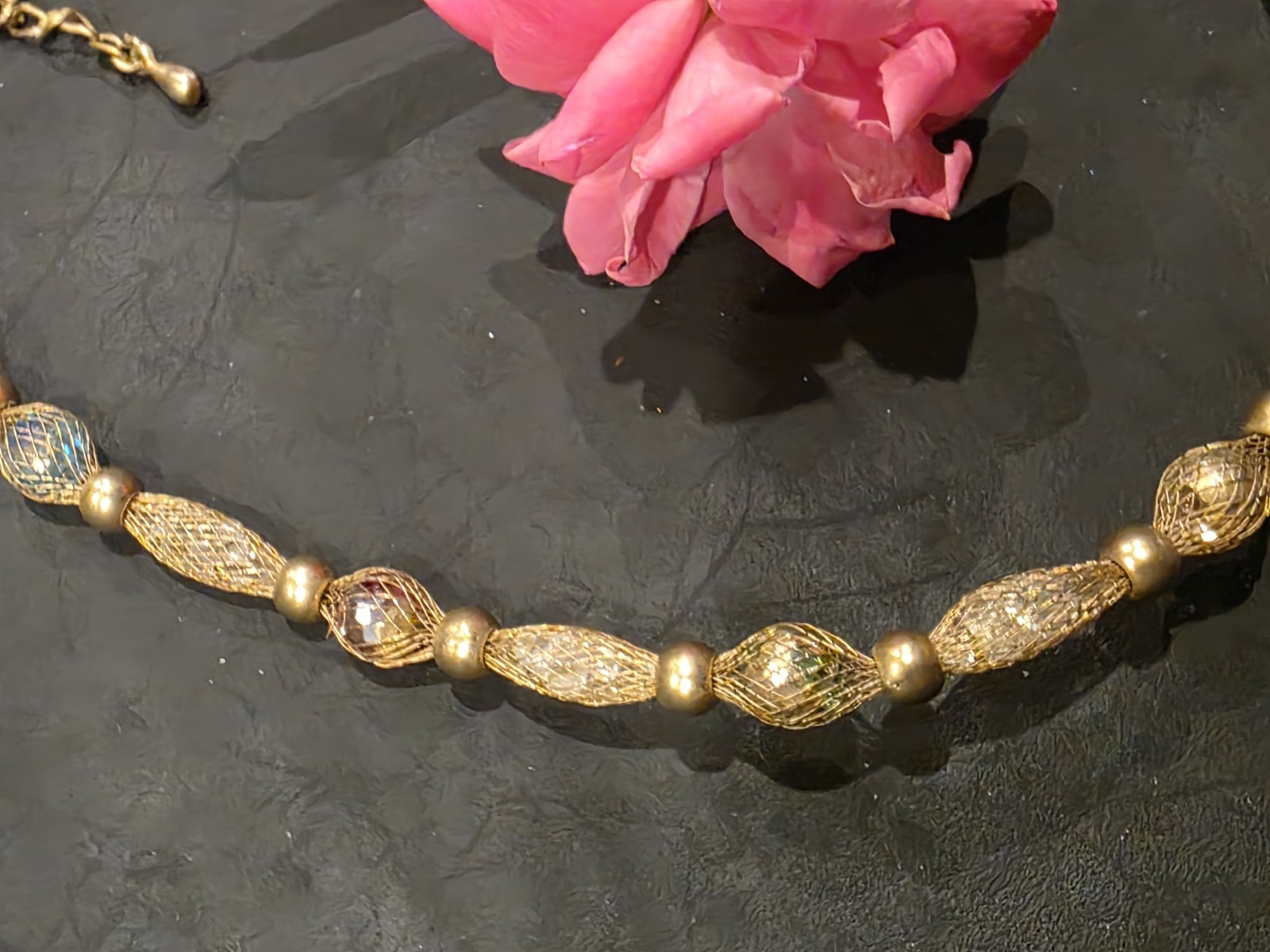 Gold Tone Beaded Cable Chain Necklace w/ Lobster Clasp, Adjustable Extender