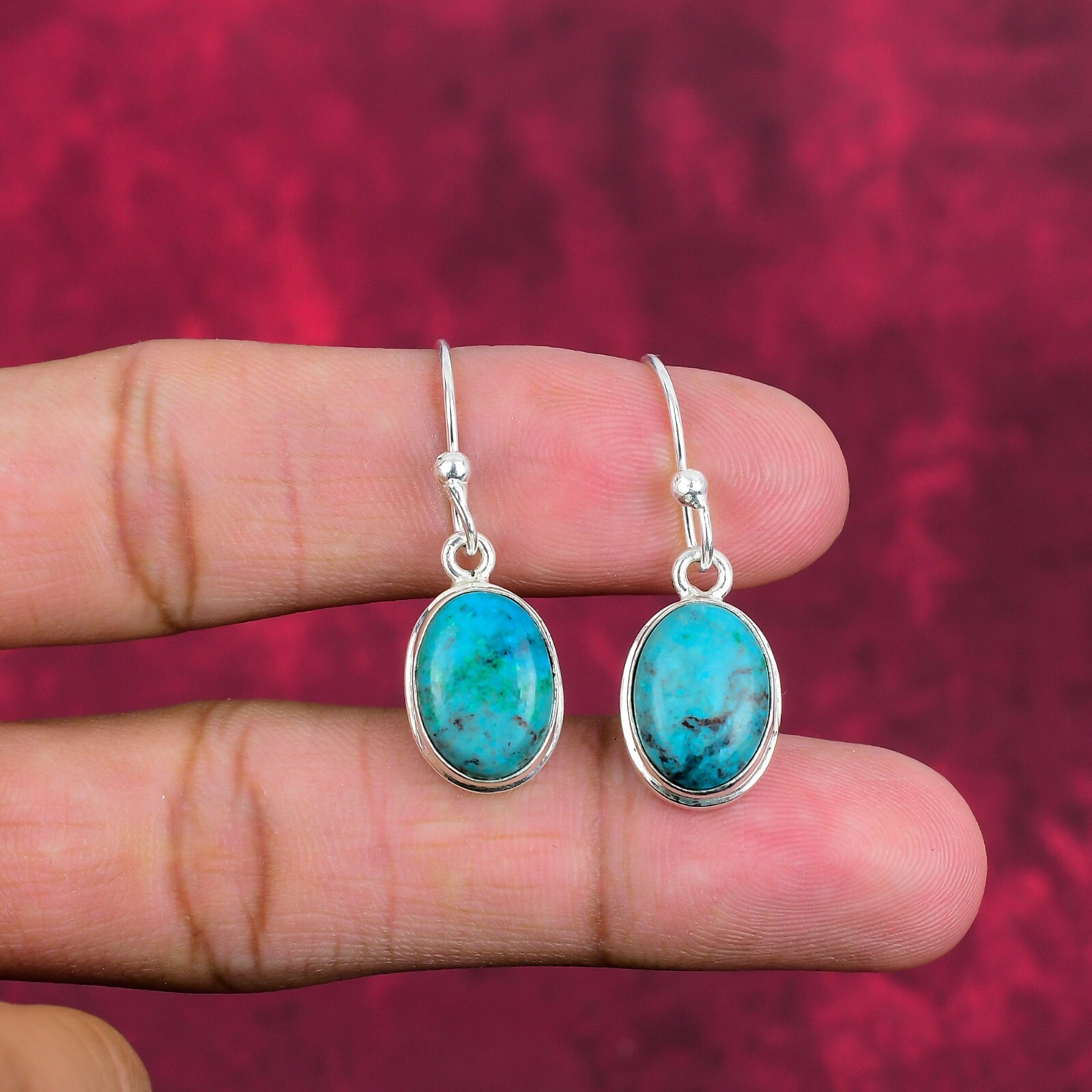 Tibetan Turquoise Gemstone Handmade 925 Solid Silver Beautiful Earrings Jewelry