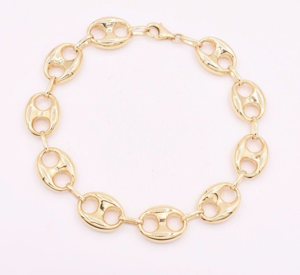 12mm Puffed Mariner Anchor Gucci Link Chain Bracelet Real 10K Yellow Gold Unisex