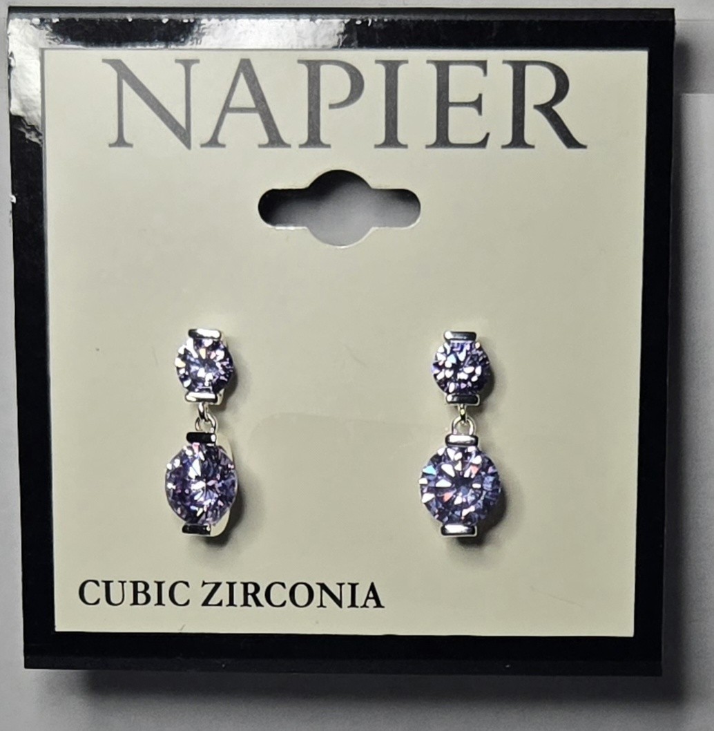 Napier Silver Tone Round Light Purple Cubic Zirconia Double Drop Dangle Earrings