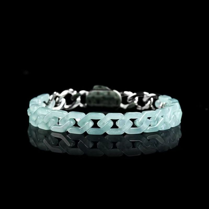 Real Grade A 100% Natural Green Jade Jadeite Cuban Curb Link Bracelet 7-7.9Inch