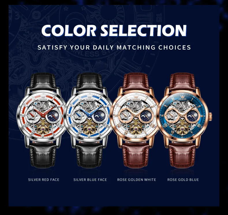 OLEVS Skeleton Self-Wind Automatic Mechanical Men’s Watch Leather Moon Phase