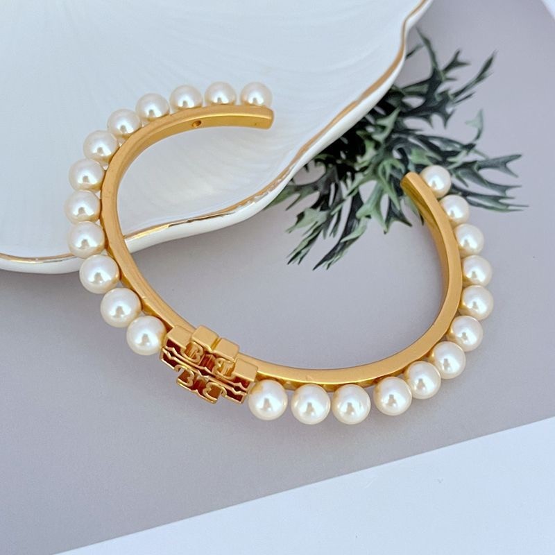New Tory Logo Pearl Cuff Bangle Ivory OS with Jewelry Pouch