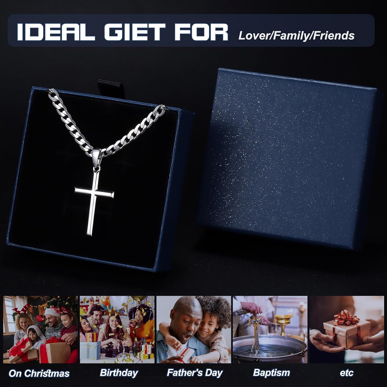 925 Sterling Silver Cross Necklace Beveled Edge for Men Women 5Mm Stainless Stee