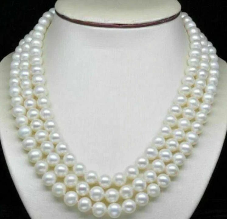 Huge Three-Strand natural AAA 9-10 mm akoya white pearl necklace 18”14K Clasp