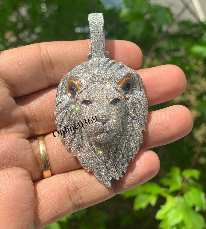 Men’s Real Moissanite Fancy Lion Head Pendant With Enamel 925 Silver Free Stud