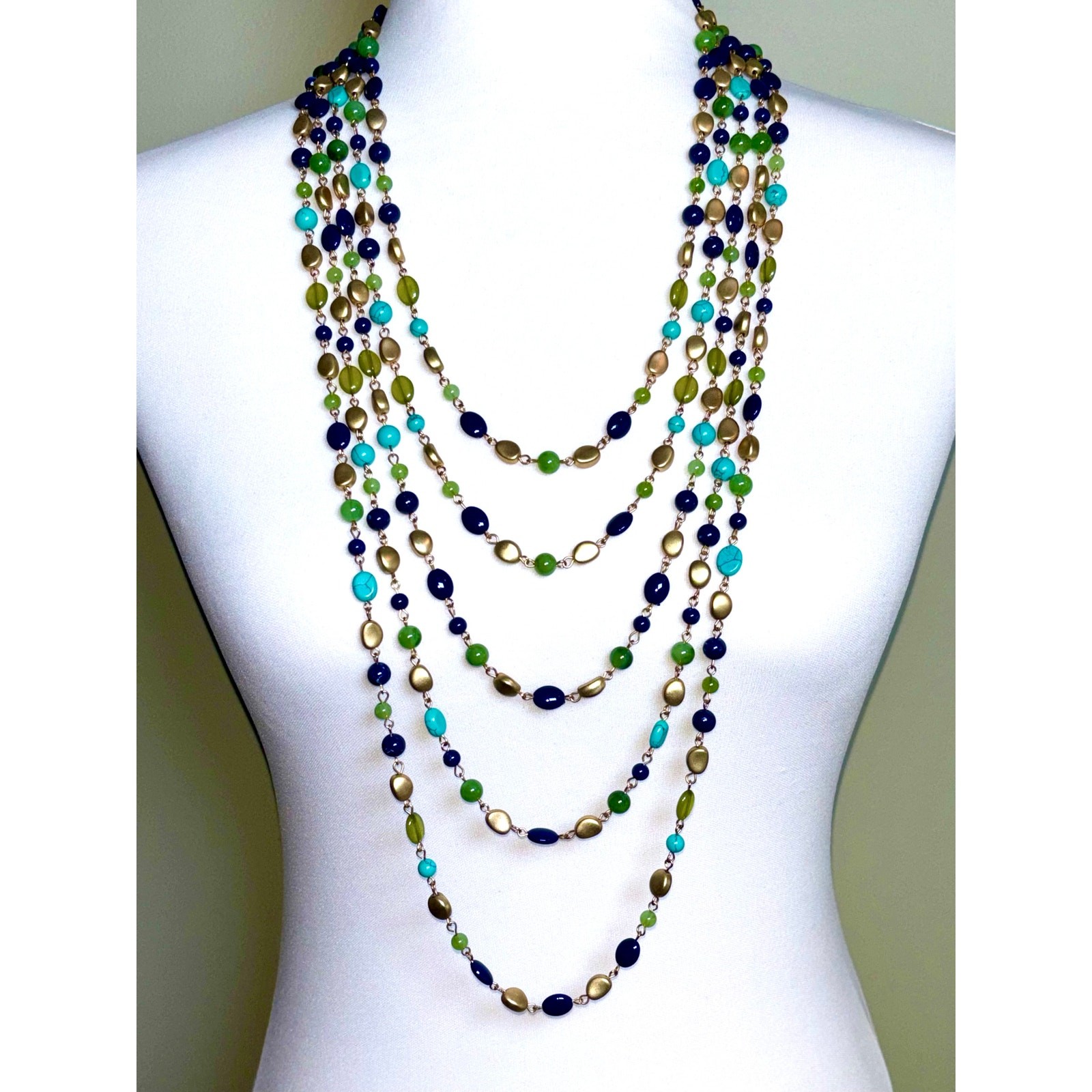 Vintage Multistrand Beaded Statement Necklace – Blue Green Gold