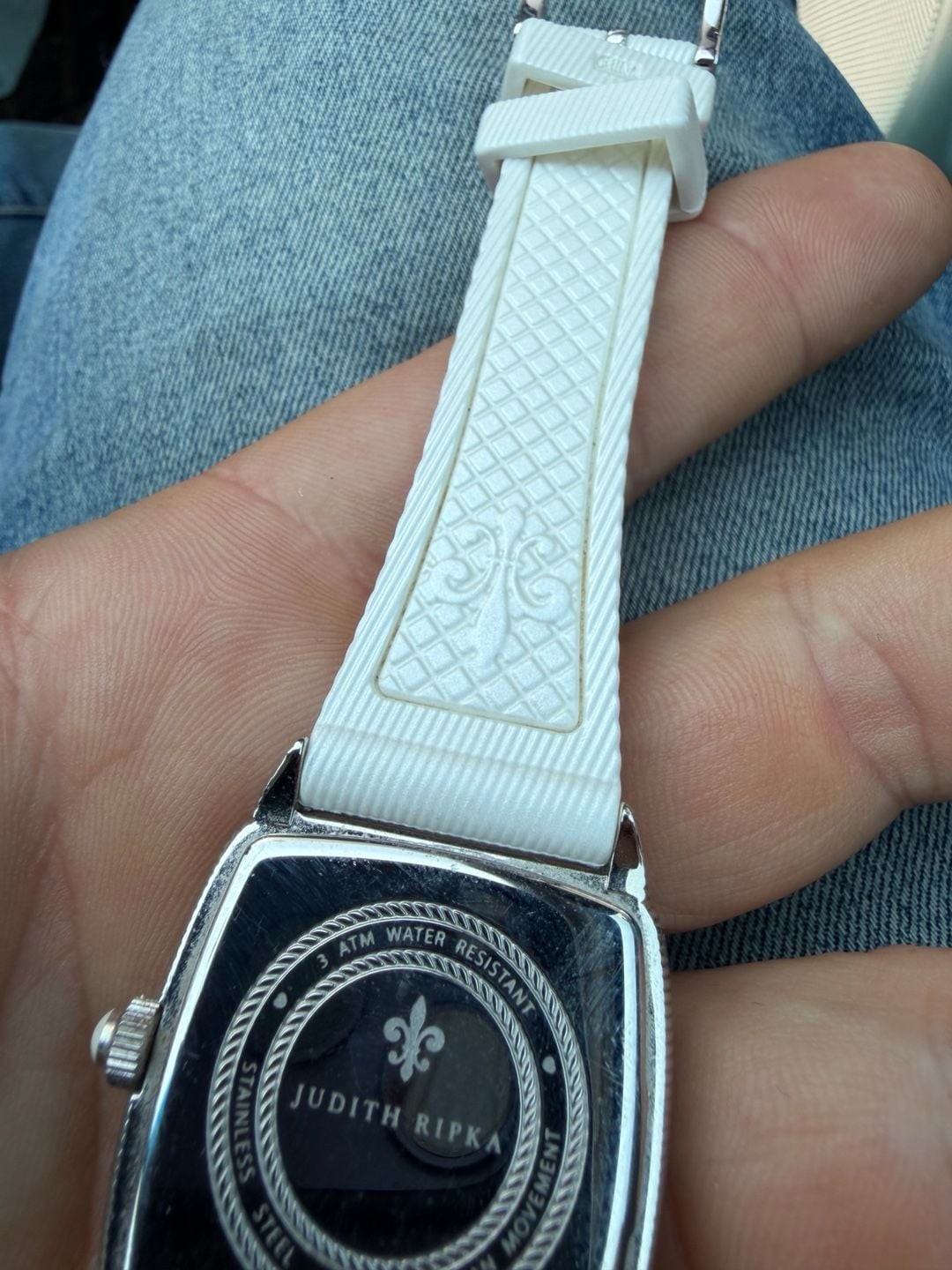 Judith Ripka Stainless Rectangular Watch w/White Silicone strap and M.0.P Dial
