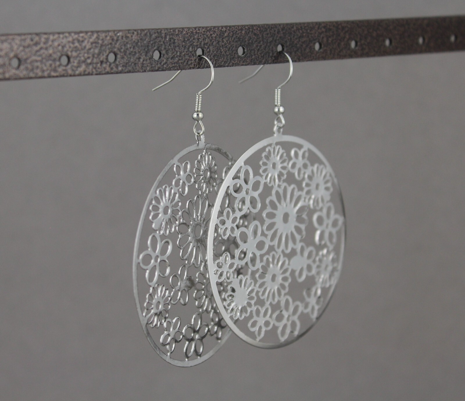 Silver flower filigree round disc earrings medallion 2.75″ long very lightweight