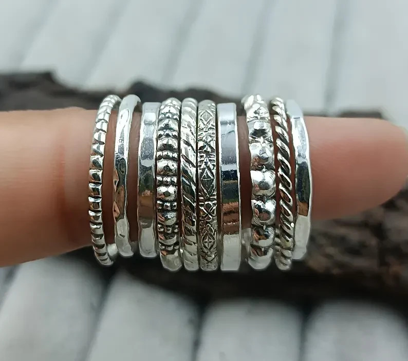 Silver stacking rings, 925 Sterling Silver ring, Set Of 10 Rings silver All size