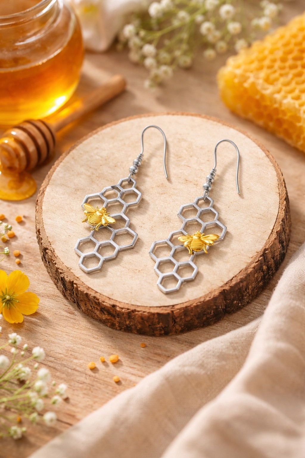925 Sterling Silver Honeycomb Bee Drop Earring |Hexagon Geometric Dangle Jewelry