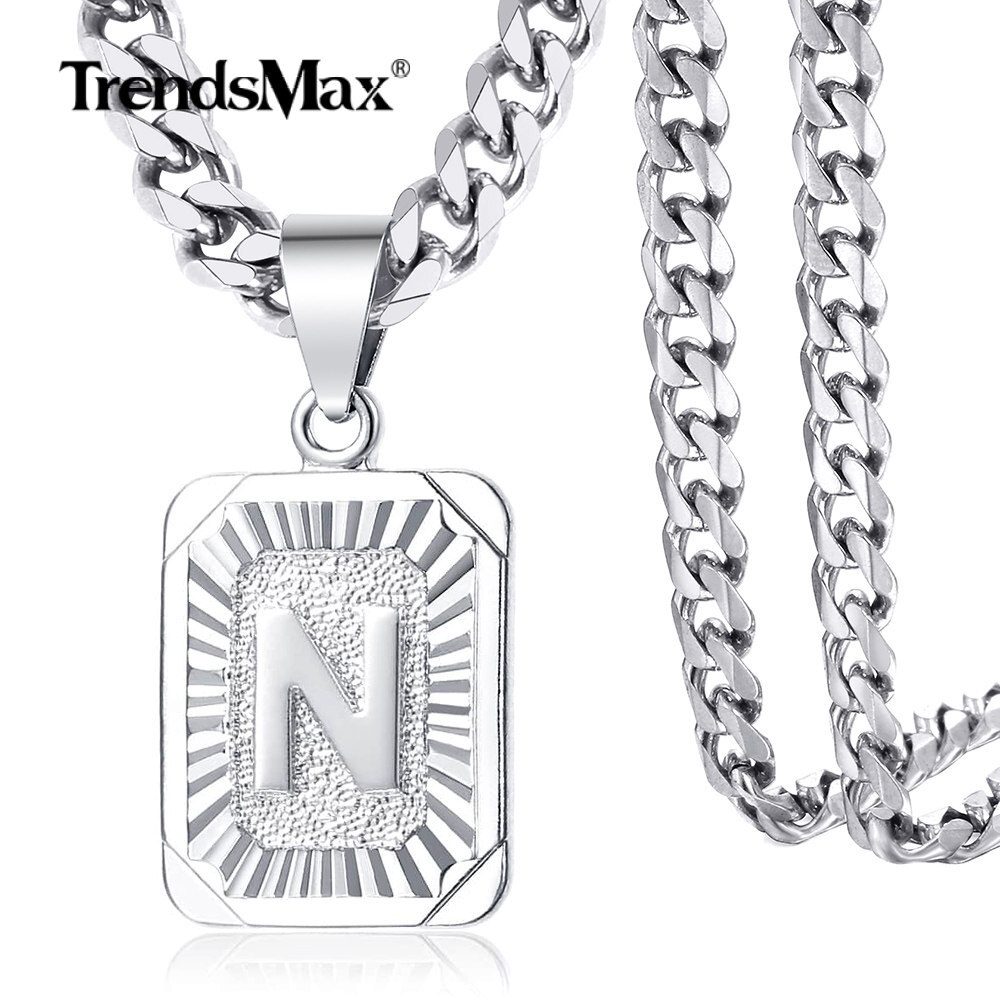Silver Stainless Steel Initial Letter A-Z Pendant Necklace 5MM 18-26″ Curb Chain