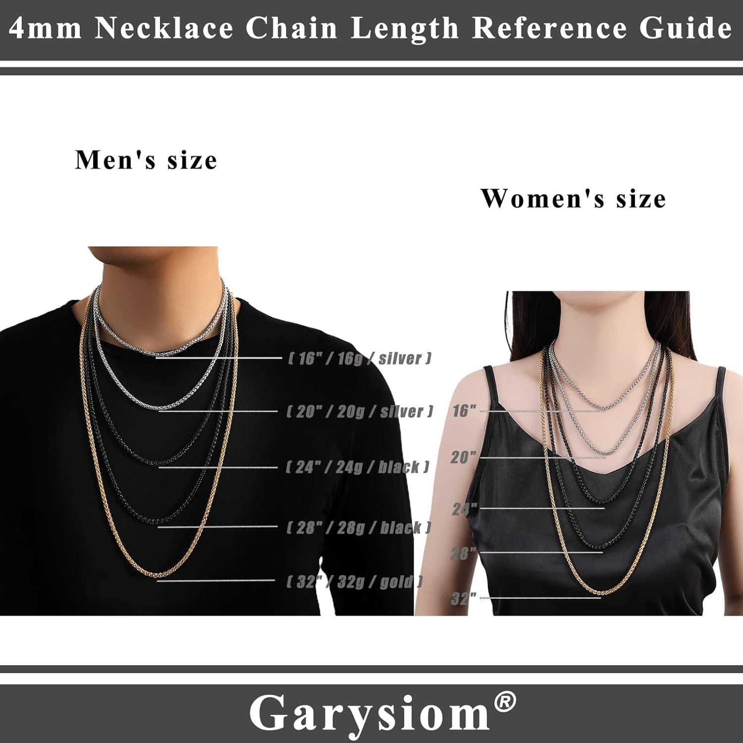 3 Pcs Chain Necklace for Men, 4Mm Stainless Steel Gold Black and Silver Wheat Ch