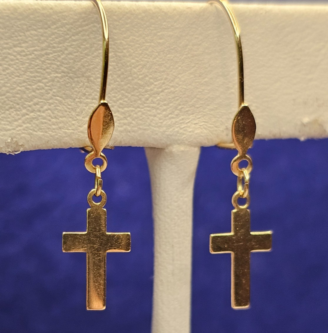 14K Gold Cross Dangle Earrings French Wire Hooks Signed CD 0.7g Vintage
