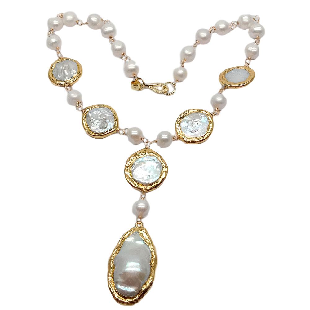 Cultured White Coin Pearl Potato Pearl Y-Drop Necklace Keshi pearl Pendant 20″