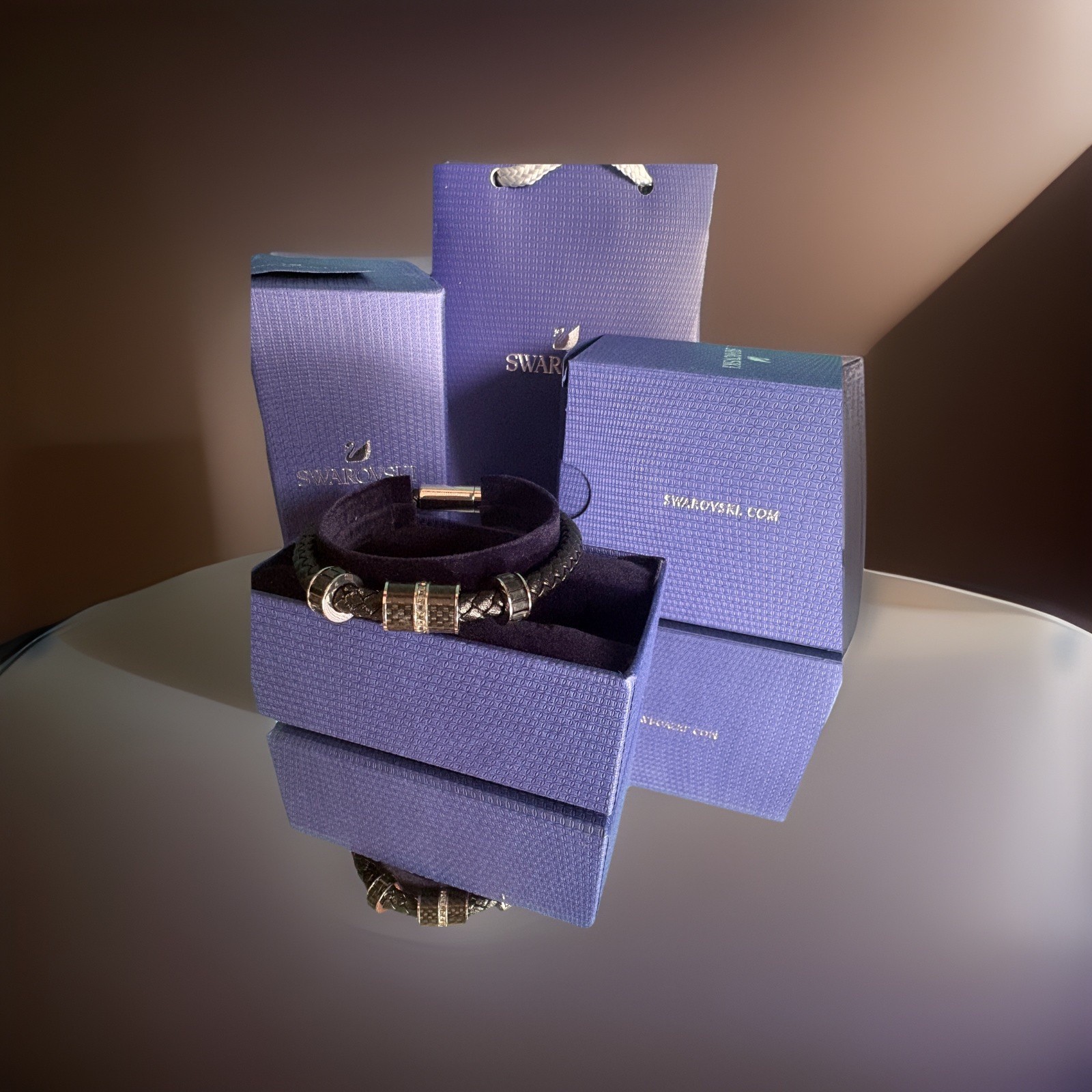 Swarovski Diagonal Men’s & Unisex Black Leather Bracelet 18cm Gift boxed