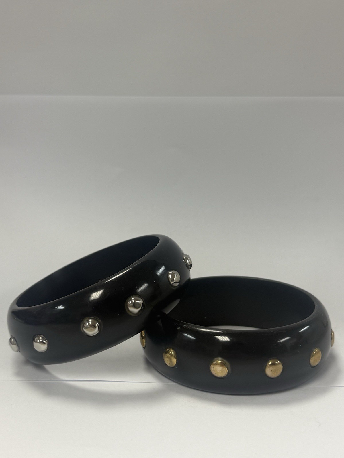 Beautiful Set Of 2 Retro Bangle/ Bracelet Black With Gold And Sliver Studs