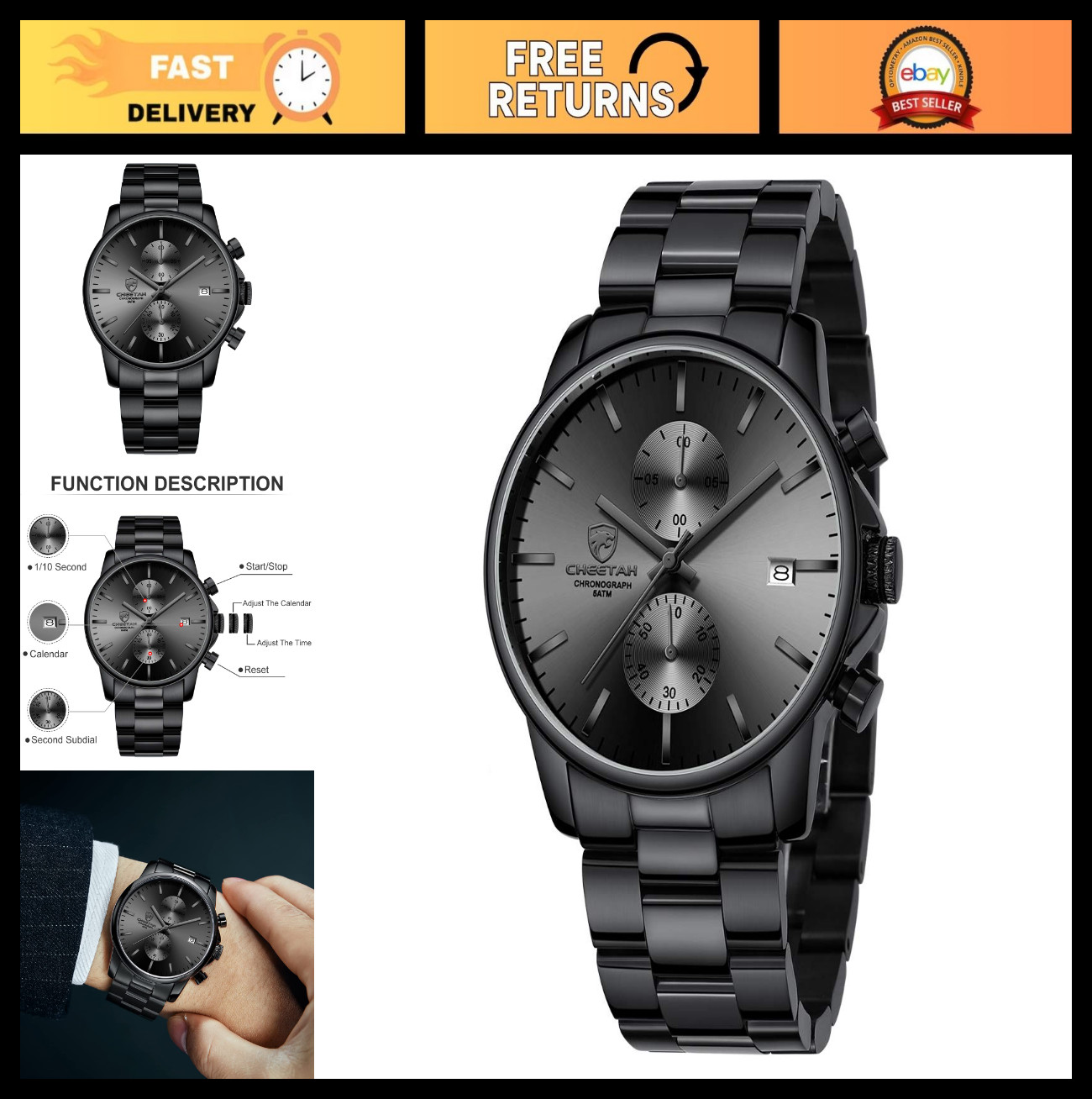 Stylish Men’s Waterproof Chronograph Quartz Watch – Stainless Steel, Auto Date