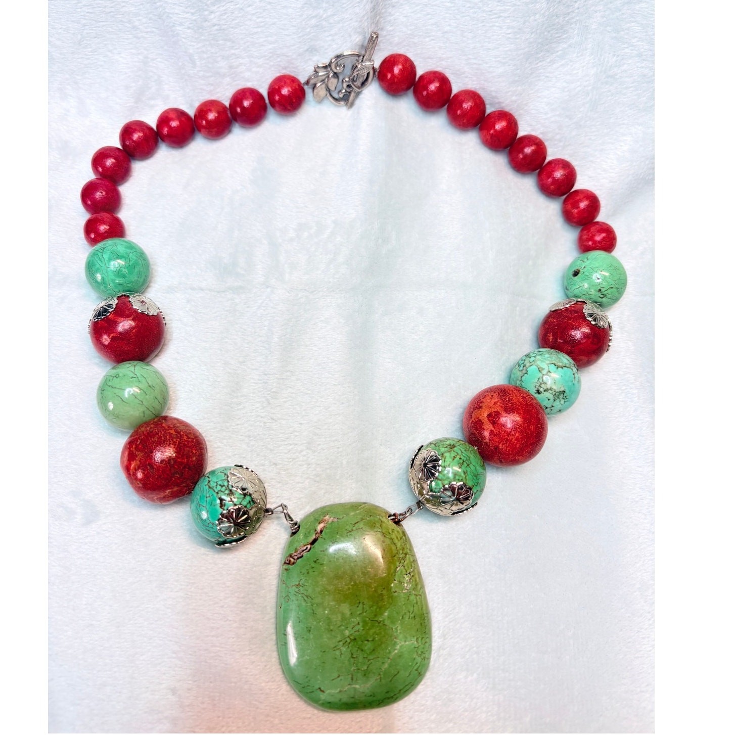 Chunky Coral & Turquoise Color Statement Necklace w Large Green Stone Pendant